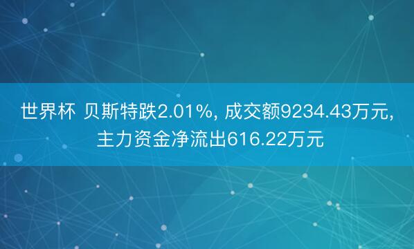 世界杯 贝斯特跌2.01%， 成交额9234.43万元， 主力资金净流出616.22万元