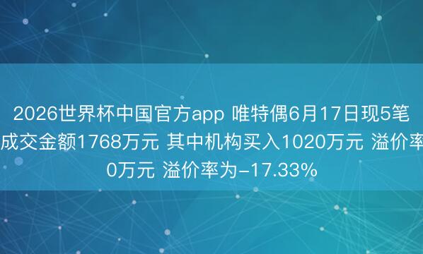 2026世界杯中国官方app 唯特偶6月17日现5笔大量走动 总成交金额1768万元 其中机构买入1020万元 溢价率为-17.33%